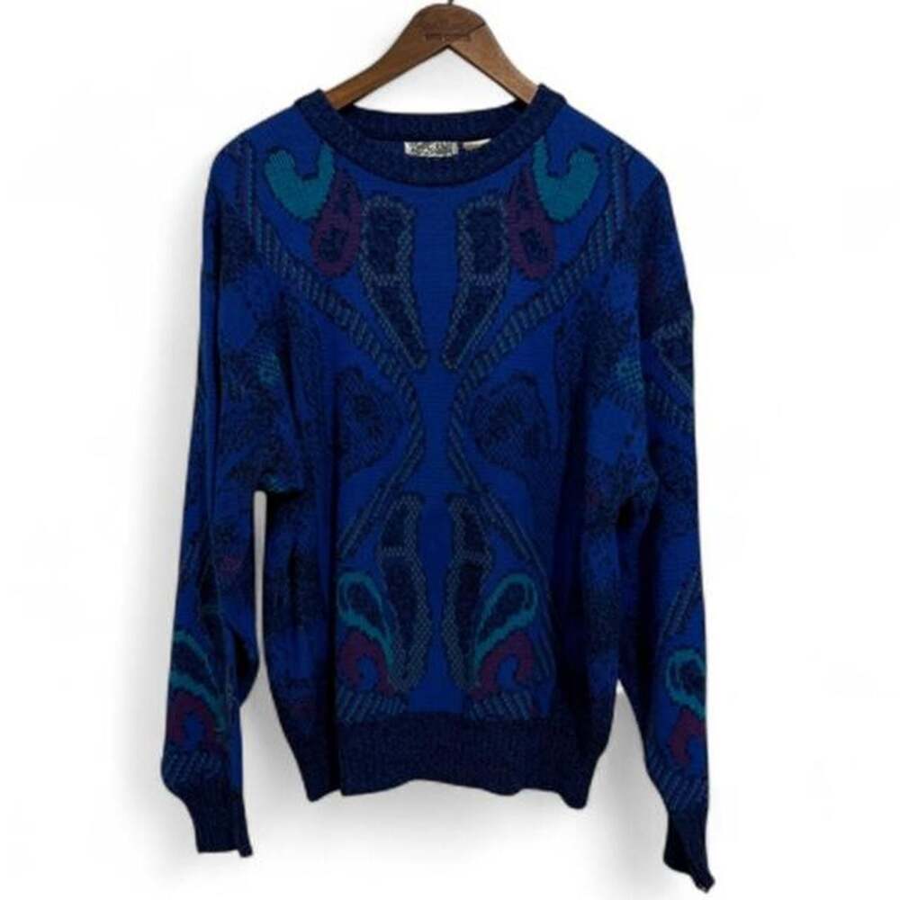 Vintage City Streets Abstract Pattern Crewneck Sweater Blue L